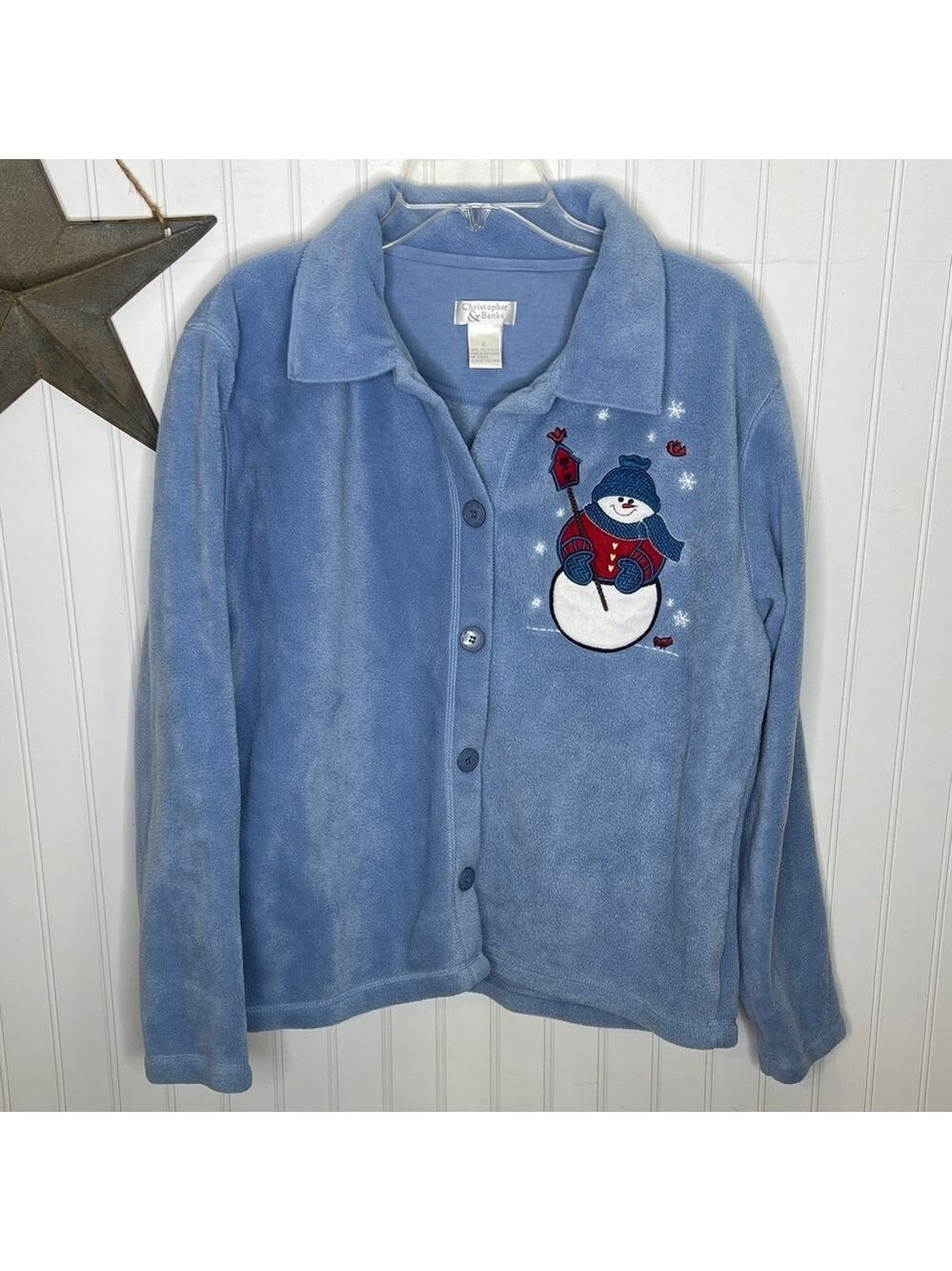 Blue Fleece Grandma Core Jacket with Snowman Embroidery Large
